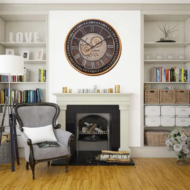 Alt view image 7 of 7 - CLXEAST 24 Inch Wall Clock with Moving Gears,Oversized Large Industrial Steampunk Clock, Antique Gold Metal Roman Numeral Wall Clocks for Farmhouse Living Room Decor