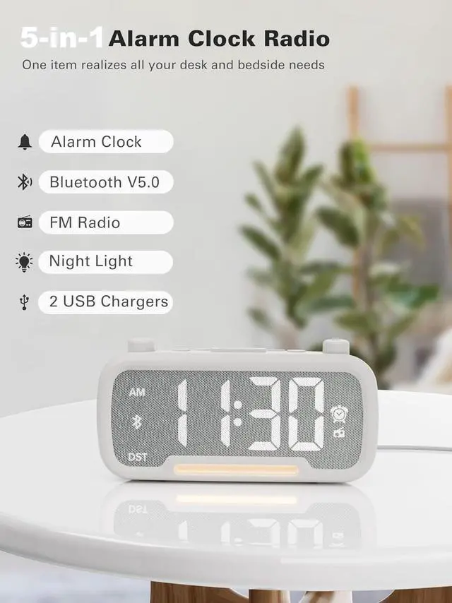 Alt view image 2 of 7 - Alarm Clock with Bluetooth Speaker, FM Radio, Alarm Clock for Bedroom with USB Chargers, Dimmer and 12/24H,Snooze,Battery Backup, Plugged in Clock Radio for Adult Kid