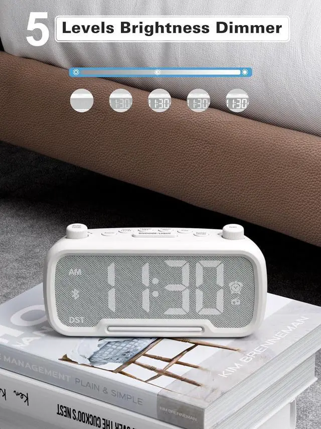 Alt view image 6 of 7 - Alarm Clock with Bluetooth Speaker, FM Radio, Alarm Clock for Bedroom with USB Chargers, Dimmer and 12/24H,Snooze,Battery Backup, Plugged in Clock Radio for Adult Kid