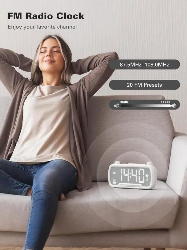 Alt view image 4 of 7 - Alarm Clock with Bluetooth Speaker, FM Radio, Alarm Clock for Bedroom with USB Chargers, Dimmer and 12/24H,Snooze,Battery Backup, Plugged in Clock Radio for Adult Kid