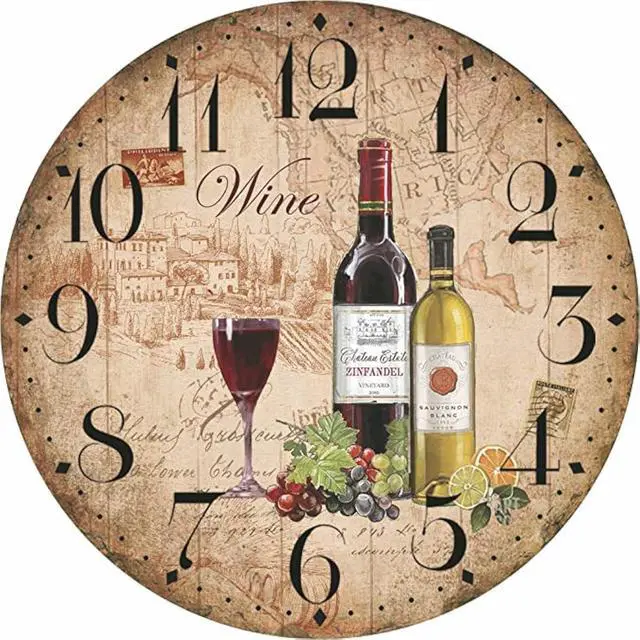 Main image of oumao 12" Retro Vintage Wine Pattern France Style Non-Ticking Silent Wooden Wall Clock Art Decoration for Kitchen/Living Room/Bedroom/Farmhouse