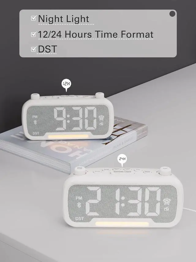 Alt view image 7 of 7 - Alarm Clock with Bluetooth Speaker, FM Radio, Alarm Clock for Bedroom with USB Chargers, Dimmer and 12/24H,Snooze,Battery Backup, Plugged in Clock Radio for Adult Kid