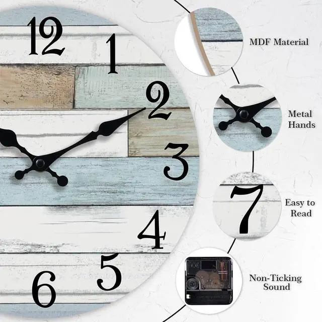 Alt view image 5 of 7 - Wall Clock Battery Operated 12 Inch Silent Non Ticking Coastal Design Country Rustic Retro Decorative for Bathroom Kitchen Living Room Bedroom