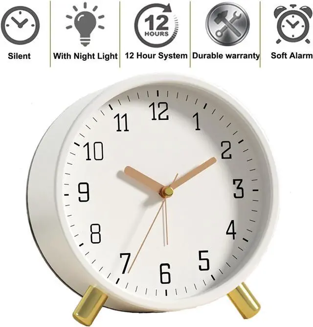 Alt view image 3 of 7 - SHISEDECO Alarm Clock with Backlight, 4.5 inches Bedside Analog Non-Ticking Silent Small Deskclock with Arabic Numerals, Battery Operated Round Tableclock for Living Room, Bedroom (White)