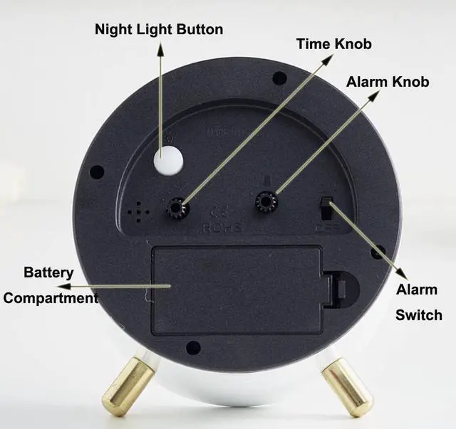 Alt view image 4 of 7 - SHISEDECO Alarm Clock with Backlight, 4.5 inches Bedside Analog Non-Ticking Silent Small Deskclock with Arabic Numerals, Battery Operated Round Tableclock for Living Room, Bedroom (White)