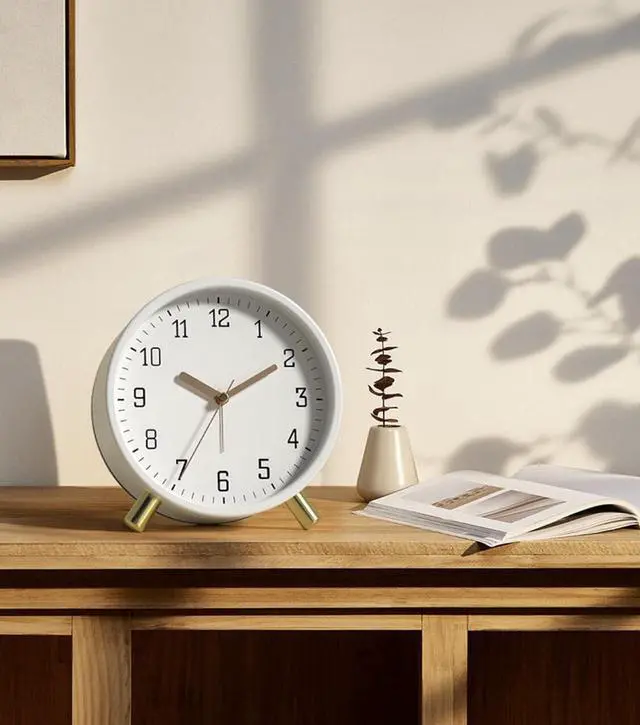 Alt view image 6 of 7 - SHISEDECO Alarm Clock with Backlight, 4.5 inches Bedside Analog Non-Ticking Silent Small Deskclock with Arabic Numerals, Battery Operated Round Tableclock for Living Room, Bedroom (White)