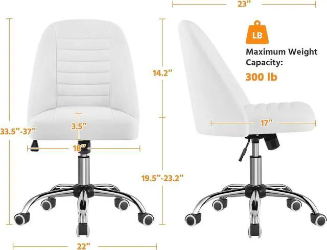 Alt view image 3 of 7 - Yaheetech Mid Back PU Leather Armless Desk Office Chair, Modern Vanity Chair with Rolling Wheels, Metal Base White