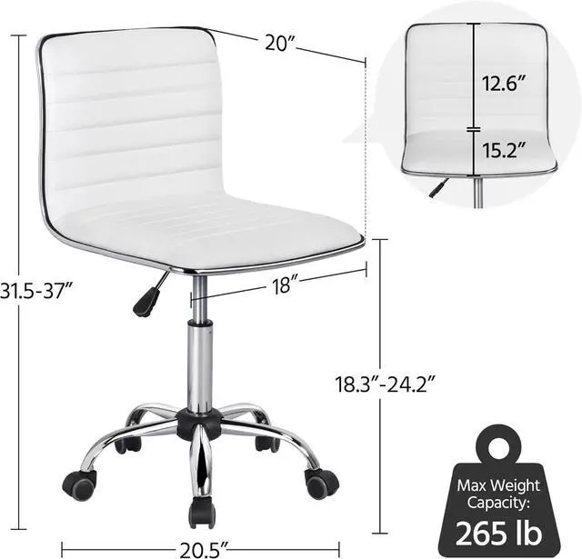Alt view image 3 of 7 - Topeakmart PU Leather Low Back Armless Desk Chair Ribbed Armless Swivel Task Chair Office Chair Wheels White