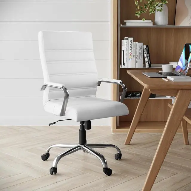 Alt view image 2 of 7 - Flash Furniture Whitney High-Back Swivel LeatherSoft Desk Chair with Padded Seat and Armrests, Adjustable Height Padded Office Chair, White/Chrome