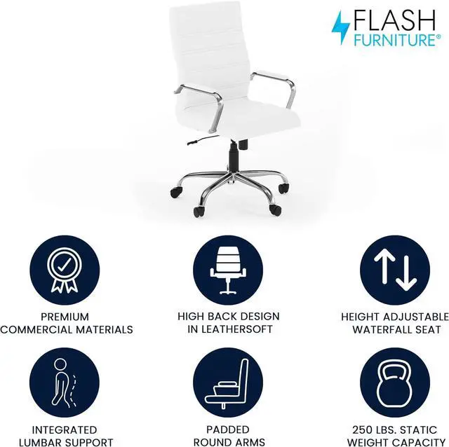 Alt view image 4 of 7 - Flash Furniture Whitney High-Back Swivel LeatherSoft Desk Chair with Padded Seat and Armrests, Adjustable Height Padded Office Chair, White/Chrome