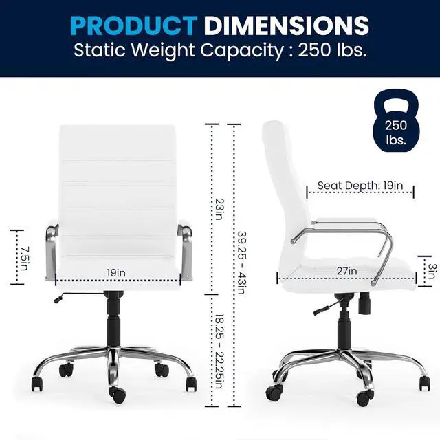 Alt view image 3 of 7 - Flash Furniture Whitney High-Back Swivel LeatherSoft Desk Chair with Padded Seat and Armrests, Adjustable Height Padded Office Chair, White/Chrome