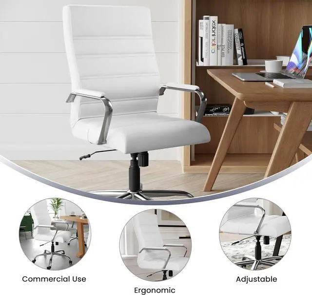 Alt view image 5 of 7 - Flash Furniture Whitney High-Back Swivel LeatherSoft Desk Chair with Padded Seat and Armrests, Adjustable Height Padded Office Chair, White/Chrome