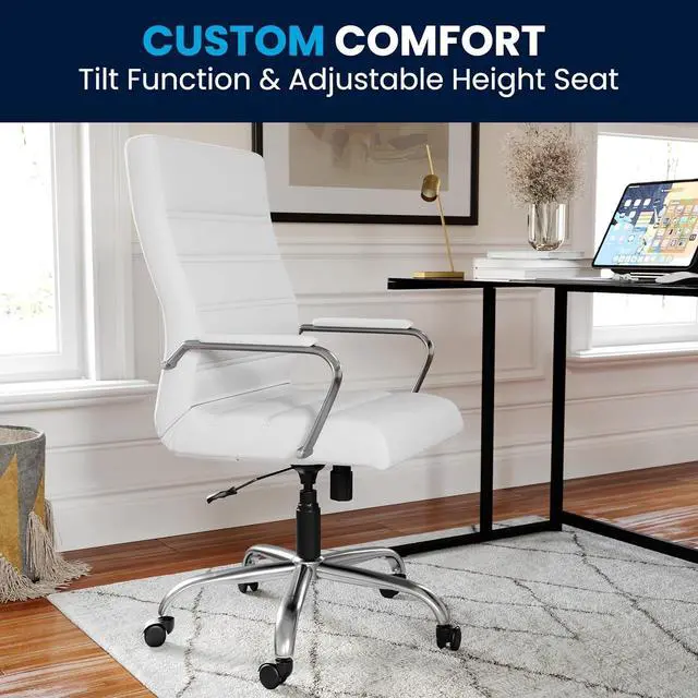 Alt view image 7 of 7 - Flash Furniture Whitney High-Back Swivel LeatherSoft Desk Chair with Padded Seat and Armrests, Adjustable Height Padded Office Chair, White/Chrome