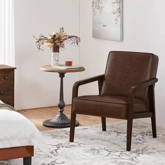 Alt view image 3 of 7 - Yaheetech PU Leather Accent Chair, Mid-Century Modern Barrel Chair with Wooden Frame and Soft Thick Padded for Living Room Bedroom Home Office, 2 PCS, Dark Brown