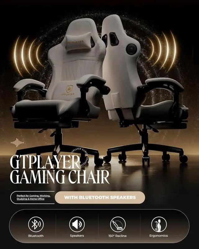 Alt view image 4 of 7 - GTPLAYER Gaming Chair with Speakers, Video Game Chairs with Footrest, PC Gamer Chairs for Adults - Padded High Back Ergonomic Reclining Silla Gamer, Linkage Armrest, Ace Pro, Ivory