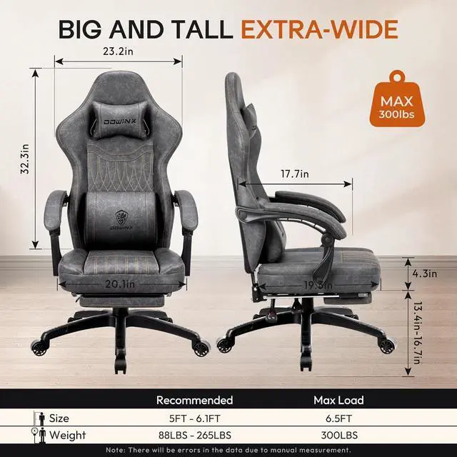 Alt view image 3 of 7 - Dowinx Gaming Chair Breathable PU Leather Gamer Chair with Footrest Massage Lumbar Support, Big and Tall Ergonomic Reclining Computer Chair with Pocket Spring Cushion for Adults Teens (Grey)
