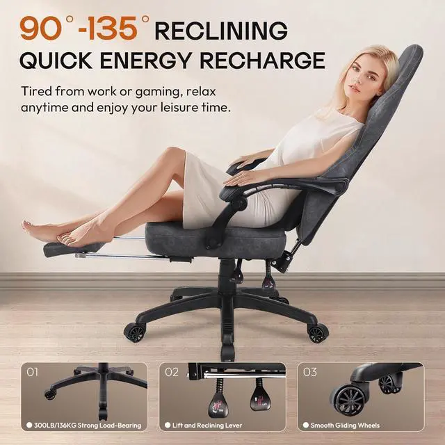 Alt view image 6 of 7 - Dowinx Gaming Chair Breathable PU Leather Gamer Chair with Footrest Massage Lumbar Support, Big and Tall Ergonomic Reclining Computer Chair with Pocket Spring Cushion for Adults Teens (Grey)