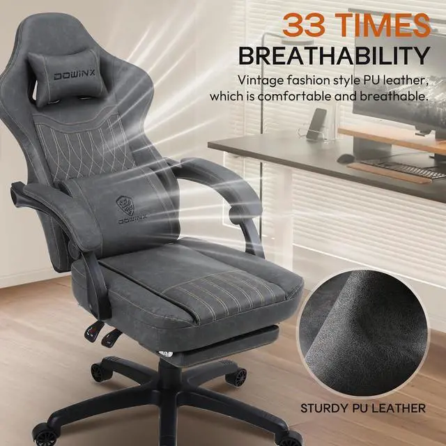 Alt view image 7 of 7 - Dowinx Gaming Chair Breathable PU Leather Gamer Chair with Footrest Massage Lumbar Support, Big and Tall Ergonomic Reclining Computer Chair with Pocket Spring Cushion for Adults Teens (Grey)