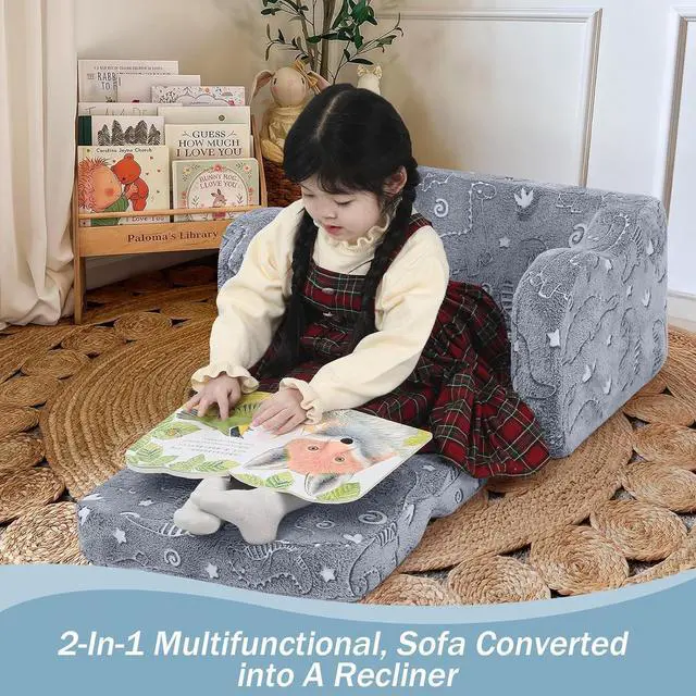 Alt view image 4 of 7 - MeMoreCool Kids Dinosaur Couch, Foldable Toddler Chair, Glow in The Dark Convertible Sofa Bed, Fold Out Lounge for Boys Ages 1-3 in Playroom, Comfy Recliner Lounger (Gray)