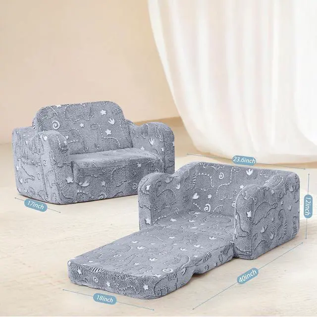 Alt view image 2 of 7 - MeMoreCool Kids Dinosaur Couch, Foldable Toddler Chair, Glow in The Dark Convertible Sofa Bed, Fold Out Lounge for Boys Ages 1-3 in Playroom, Comfy Recliner Lounger (Gray)