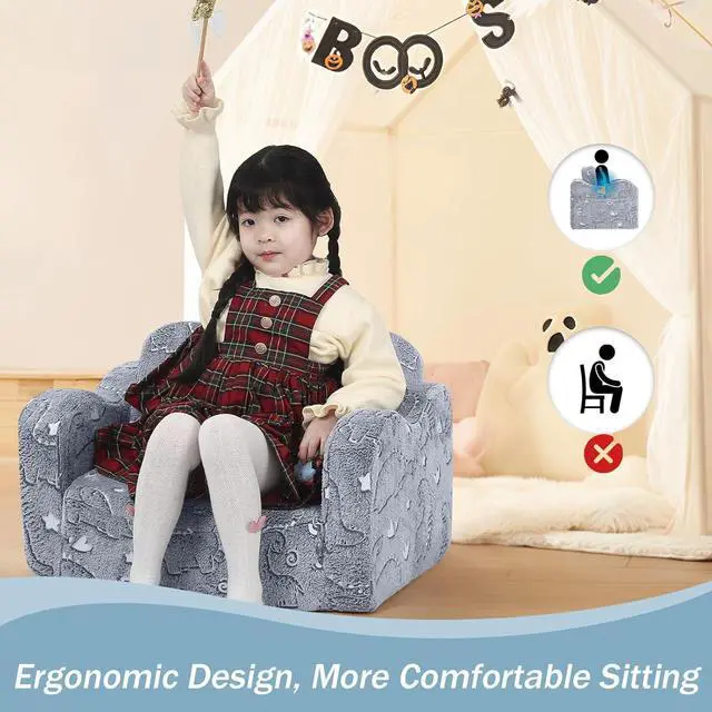 Alt view image 3 of 7 - MeMoreCool Kids Dinosaur Couch, Foldable Toddler Chair, Glow in The Dark Convertible Sofa Bed, Fold Out Lounge for Boys Ages 1-3 in Playroom, Comfy Recliner Lounger (Gray)