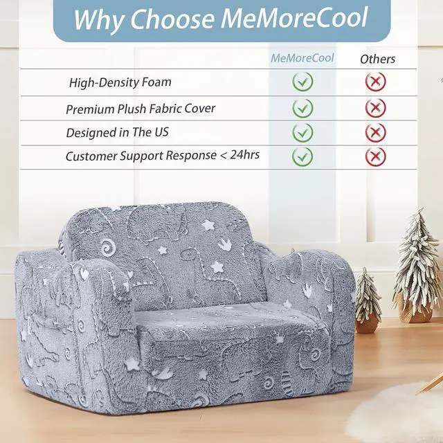 Alt view image 6 of 7 - MeMoreCool Kids Dinosaur Couch, Foldable Toddler Chair, Glow in The Dark Convertible Sofa Bed, Fold Out Lounge for Boys Ages 1-3 in Playroom, Comfy Recliner Lounger (Gray)