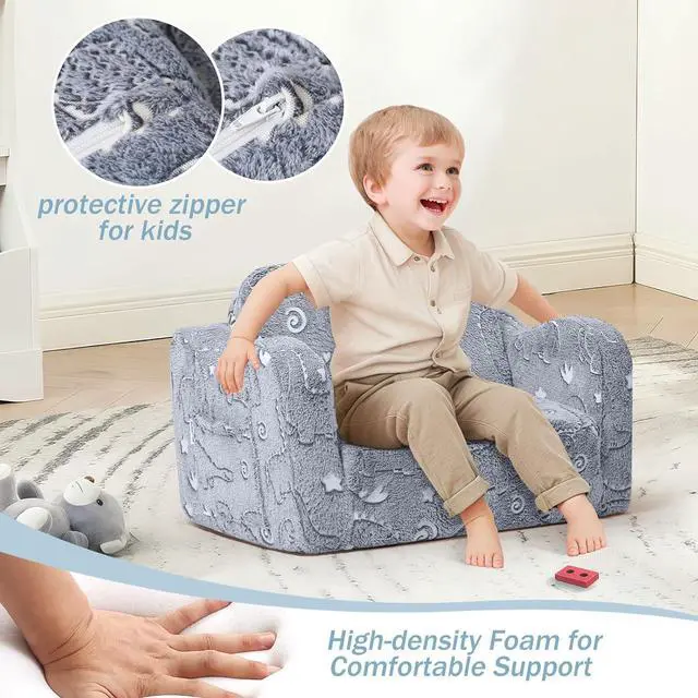 Alt view image 7 of 7 - MeMoreCool Kids Dinosaur Couch, Foldable Toddler Chair, Glow in The Dark Convertible Sofa Bed, Fold Out Lounge for Boys Ages 1-3 in Playroom, Comfy Recliner Lounger (Gray)