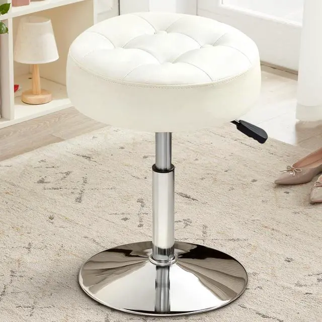 Main image of White Vanity Chair for Makeup Room Round Ottoman Tufted PU Leather Makeup Chair Vanity Stools for Bathroom Height Adjustable 360 Swivel