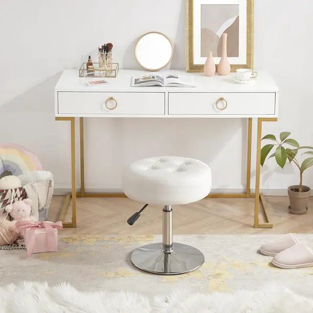 Alt view image 4 of 5 - White Vanity Chair for Makeup Room Round Ottoman Tufted PU Leather Makeup Chair Vanity Stools for Bathroom Height Adjustable 360 Swivel