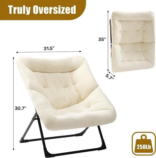 Alt view image 3 of 7 - HollyHOME X-Large Saucer Chair, Comfy Oversized Folding Chair, Faux-Fur Reading Chair for Teens, Adults, Foldable Accent Lazy Chair, Metal Frame Lounge Chair for Living Room, Bedroom, Dorm, Beige