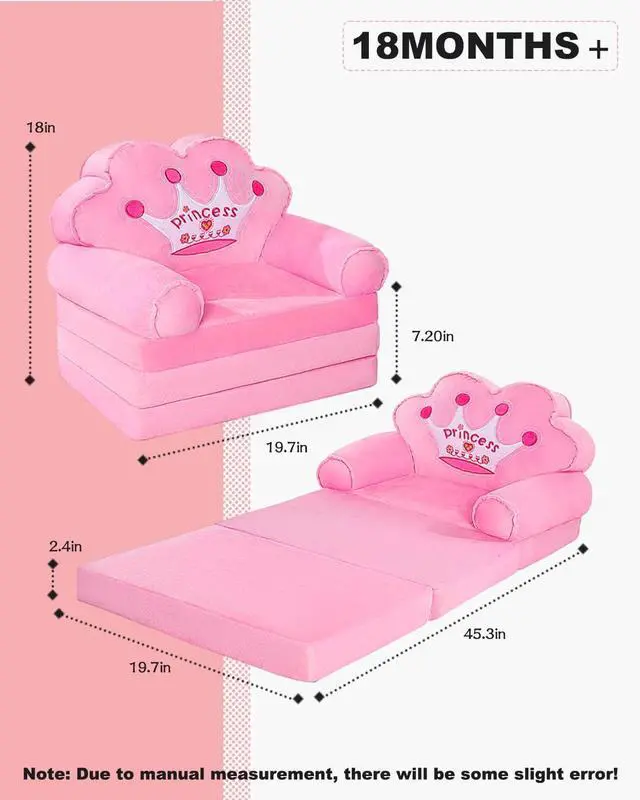 Alt view image 3 of 7 - MOONBEEKI Kids Couch Fold Out, Foldable Princess Chair for Toddlers 1-3, Sofa Bed for Kids Folding Toddler Bed Lounger Chair for Bedroom Pink