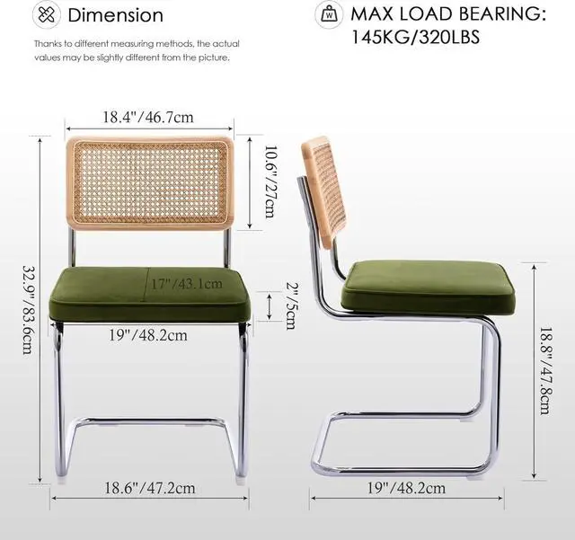 Alt view image 3 of 7 - Zesthouse Natural Rattan Dining Chairs Set of 2, Olive Green Modern Kitchen Chairs with Solid Wood Back & Chrome Base, Mid Century Breuer Design Inspired, Upholstered Velvet Fabric