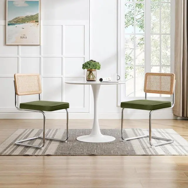 Alt view image 7 of 7 - Zesthouse Natural Rattan Dining Chairs Set of 2, Olive Green Modern Kitchen Chairs with Solid Wood Back & Chrome Base, Mid Century Breuer Design Inspired, Upholstered Velvet Fabric