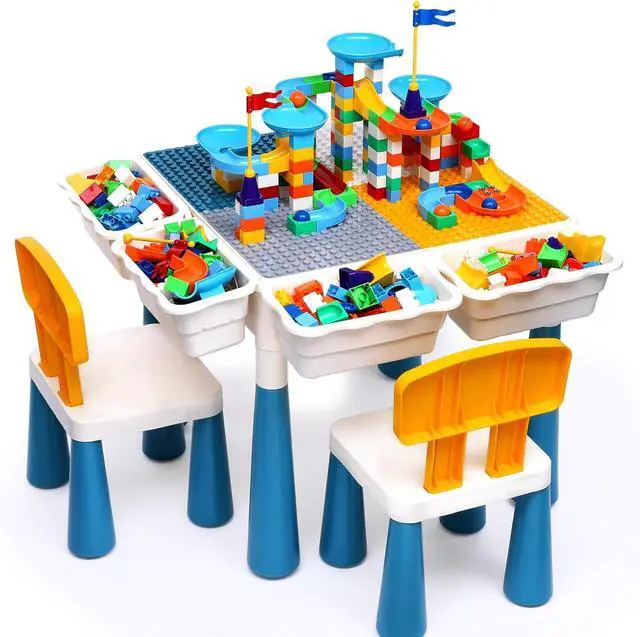 Main image of Arscniek Toddlers Activity Table 7 in 1 Kids Activity Tables and Chair Set with 152Pcs Large Marble Run Building Blocks, Sand/Water Tables, Kids Learning Play Table Toys for Girls Boys Toddler Age 3-7