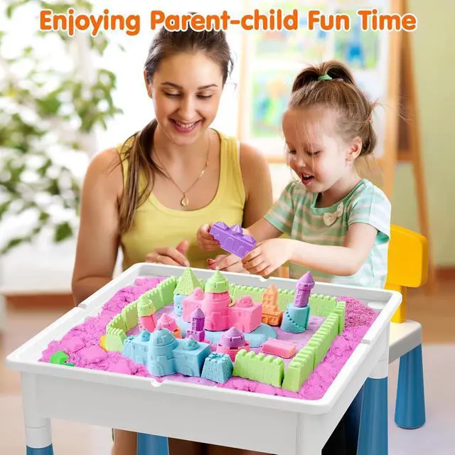 Alt view image 3 of 7 - Arscniek Toddlers Activity Table 7 in 1 Kids Activity Tables and Chair Set with 152Pcs Large Marble Run Building Blocks, Sand/Water Tables, Kids Learning Play Table Toys for Girls Boys Toddler Age 3-7