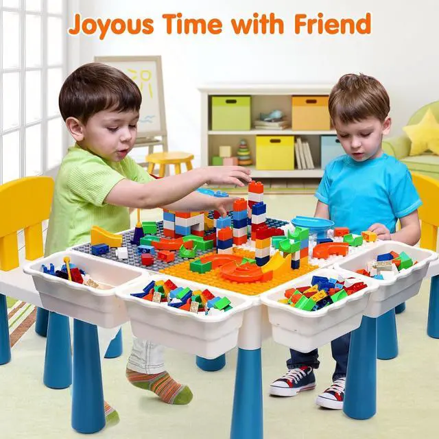Alt view image 4 of 7 - Arscniek Toddlers Activity Table 7 in 1 Kids Activity Tables and Chair Set with 152Pcs Large Marble Run Building Blocks, Sand/Water Tables, Kids Learning Play Table Toys for Girls Boys Toddler Age 3-7