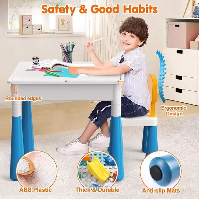 Alt view image 7 of 7 - Arscniek Toddlers Activity Table 7 in 1 Kids Activity Tables and Chair Set with 152Pcs Large Marble Run Building Blocks, Sand/Water Tables, Kids Learning Play Table Toys for Girls Boys Toddler Age 3-7