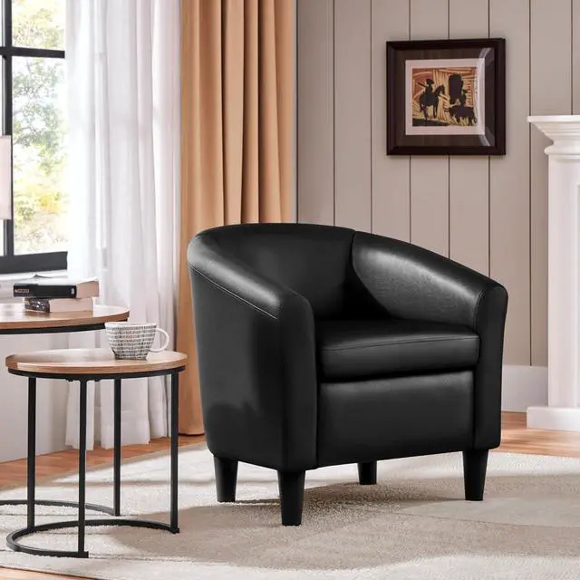 Alt view image 2 of 7 - Topeakmart Faux Leather Club Chair, Modern Accent Chair and Cozy Barrel Armchair with Sturdy Legs for Living Room Bedroom Reception Room, Black