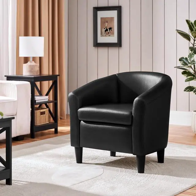 Alt view image 4 of 7 - Topeakmart Faux Leather Club Chair, Modern Accent Chair and Cozy Barrel Armchair with Sturdy Legs for Living Room Bedroom Reception Room, Black