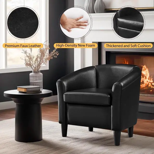 Alt view image 5 of 7 - Topeakmart Faux Leather Club Chair, Modern Accent Chair and Cozy Barrel Armchair with Sturdy Legs for Living Room Bedroom Reception Room, Black