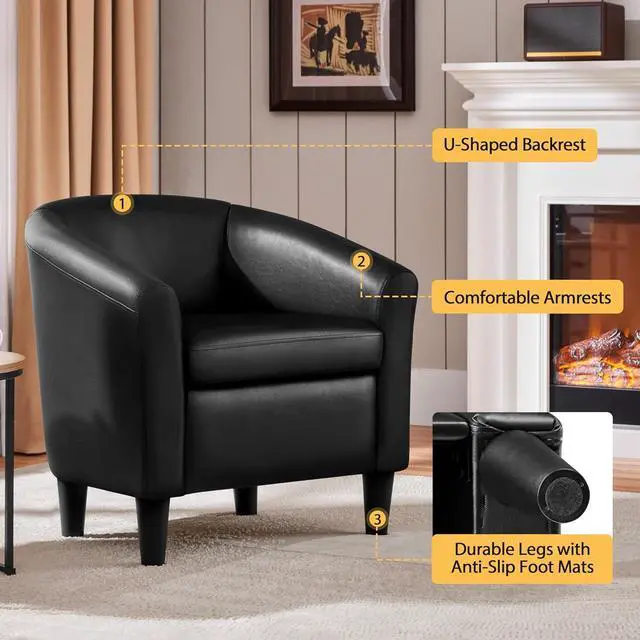 Alt view image 6 of 7 - Topeakmart Faux Leather Club Chair, Modern Accent Chair and Cozy Barrel Armchair with Sturdy Legs for Living Room Bedroom Reception Room, Black