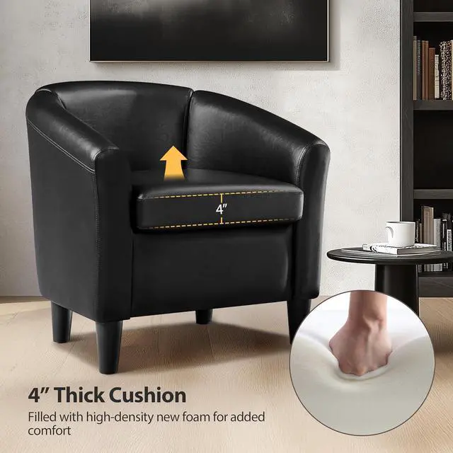 Alt view image 7 of 7 - Topeakmart Faux Leather Club Chair, Modern Accent Chair and Cozy Barrel Armchair with Sturdy Legs for Living Room Bedroom Reception Room, Black