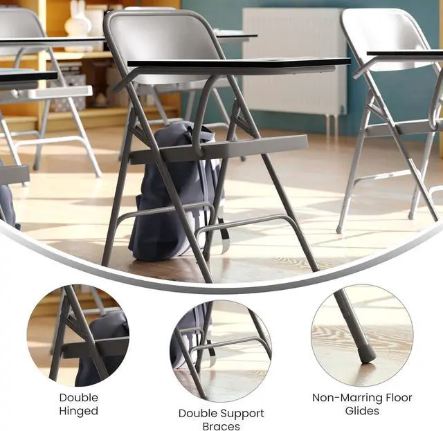 Alt view image 5 of 7 - Flash Furniture Rutherford Steel Folding Chair with Right Handed Tablet Arm, Commercial Foldable Conference Room Tablet Arm Chair, Set of 2, Gray