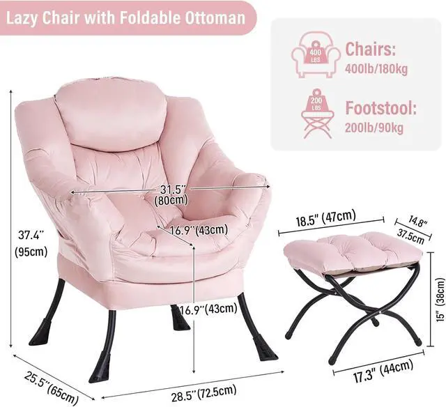 Alt view image 2 of 7 - Lazy Chair with Ottoman, Modern Chair with Folding Footrest, Lounge Accent Chair, Comfortable Reading Chair, Oversized Armchairs for Bedroom, Study, Living Room, Courtyard (Pink)