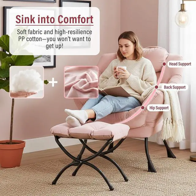 Alt view image 4 of 7 - Lazy Chair with Ottoman, Modern Chair with Folding Footrest, Lounge Accent Chair, Comfortable Reading Chair, Oversized Armchairs for Bedroom, Study, Living Room, Courtyard (Pink)
