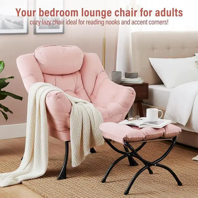 Alt view image 3 of 7 - Lazy Chair with Ottoman, Modern Chair with Folding Footrest, Lounge Accent Chair, Comfortable Reading Chair, Oversized Armchairs for Bedroom, Study, Living Room, Courtyard (Pink)