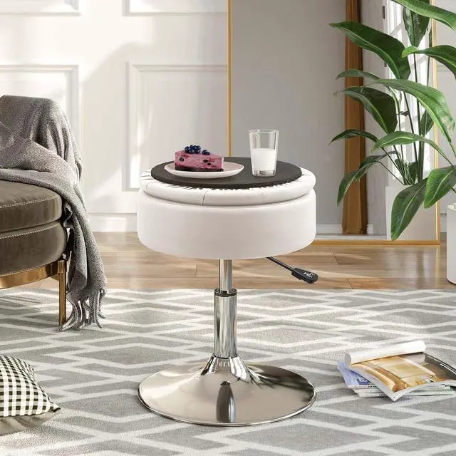 Alt view image 7 of 7 - GREENSTELL Vanity Stool with Storage, 19" to 23" Height Adjustable PU Leather Vanity Chair, 360° Swivel Makeup Stool with Removeable Tray, Modern Ottoman for Bedroom Bathroom, White