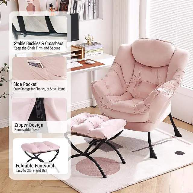 Alt view image 6 of 7 - Lazy Chair with Ottoman, Modern Chair with Folding Footrest, Lounge Accent Chair, Comfortable Reading Chair, Oversized Armchairs for Bedroom, Study, Living Room, Courtyard (Pink)