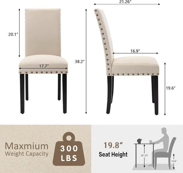 Alt view image 2 of 7 - GOTMINSI Upholstered Dining Chairs with Nailhead Trim,Set of 2 Fabric Parsons Dining Room Chairs with Solid Wood Legs, Kitchen Chairs for Vintage Style and Modern Decoration (Beige)