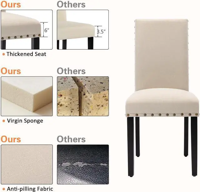 Alt view image 6 of 7 - GOTMINSI Upholstered Dining Chairs with Nailhead Trim,Set of 2 Fabric Parsons Dining Room Chairs with Solid Wood Legs, Kitchen Chairs for Vintage Style and Modern Decoration (Beige)